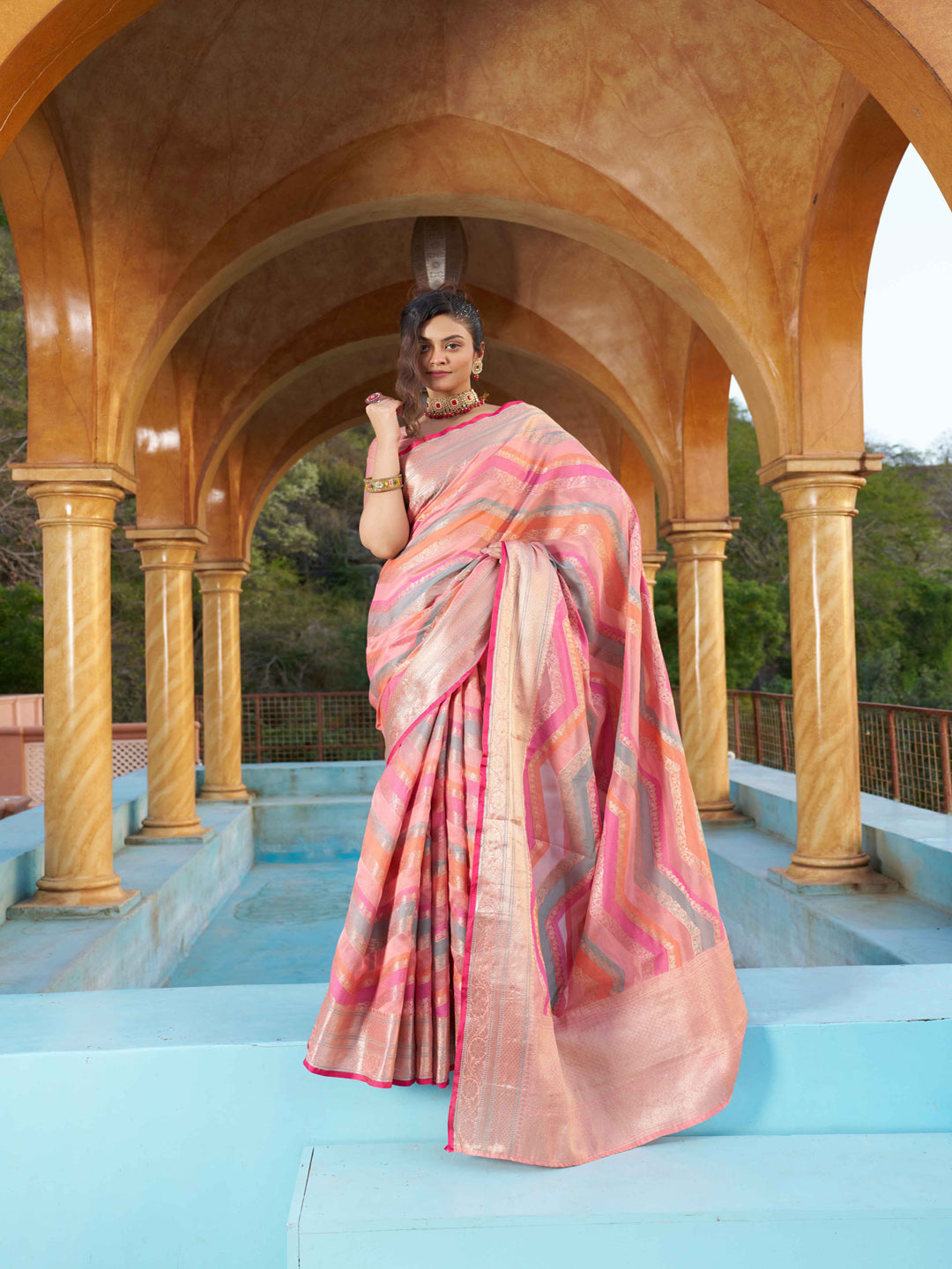 Swornof Womens Cotton Organza Saree - Peach