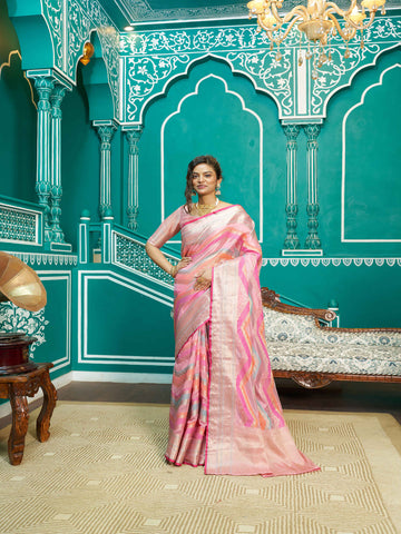 Swornof Womens Cotton Organza Saree - Pink