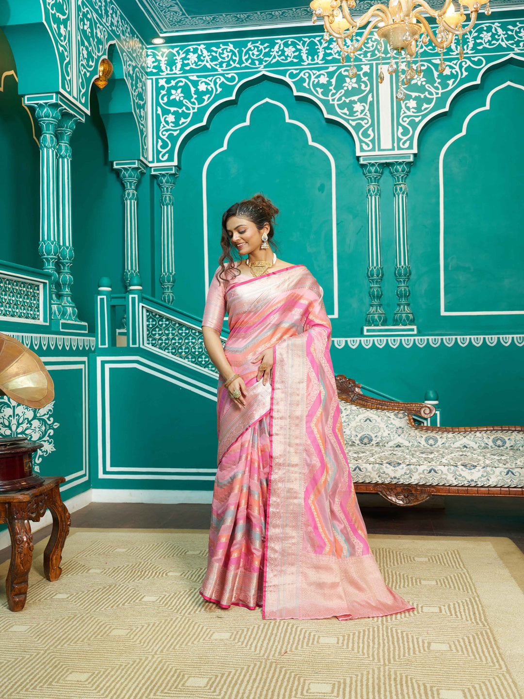 Swornof Womens Cotton Organza Saree - Pink