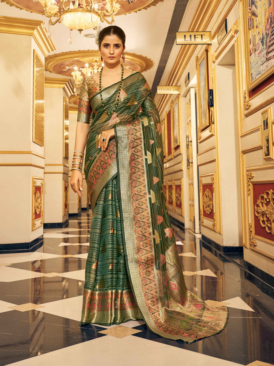 Swornof Womens Organza Silk Saree With Blouse Piece - Green