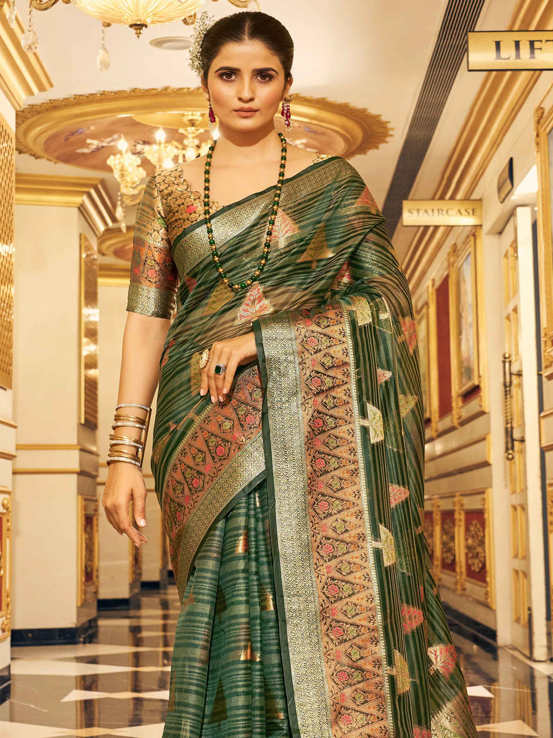 Swornof Womens Organza Silk Saree With Blouse Piece - Green