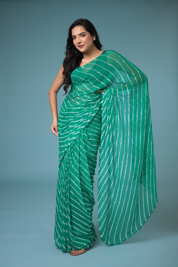 Green White  Printed Chiffon Leheriya Saree by SANGINI