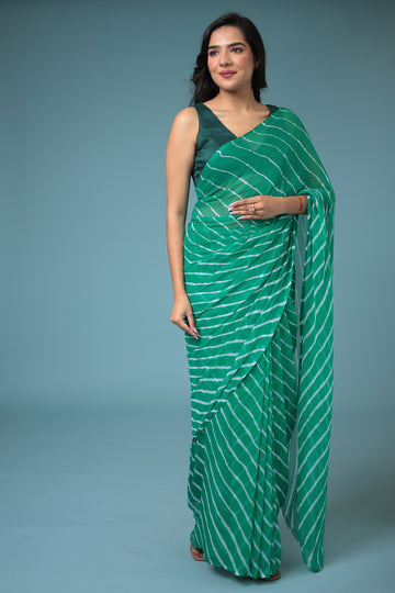 Green White  Printed Chiffon Leheriya Saree by SANGINI